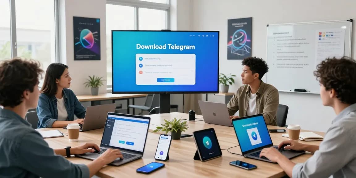 Download Telegram installation steps on multiple devices in a modern workspace with a vibrant team atmosphere.