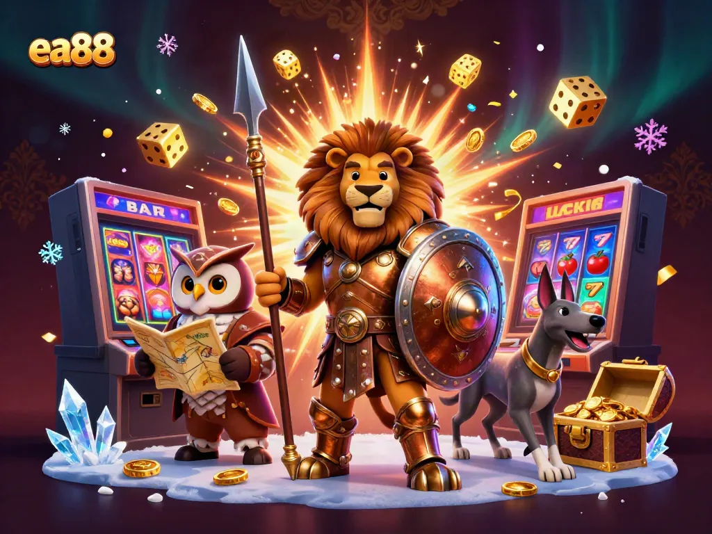 ea88 promotes excitement with a Spartan lion and gaming symbols in a dynamic casino scene.