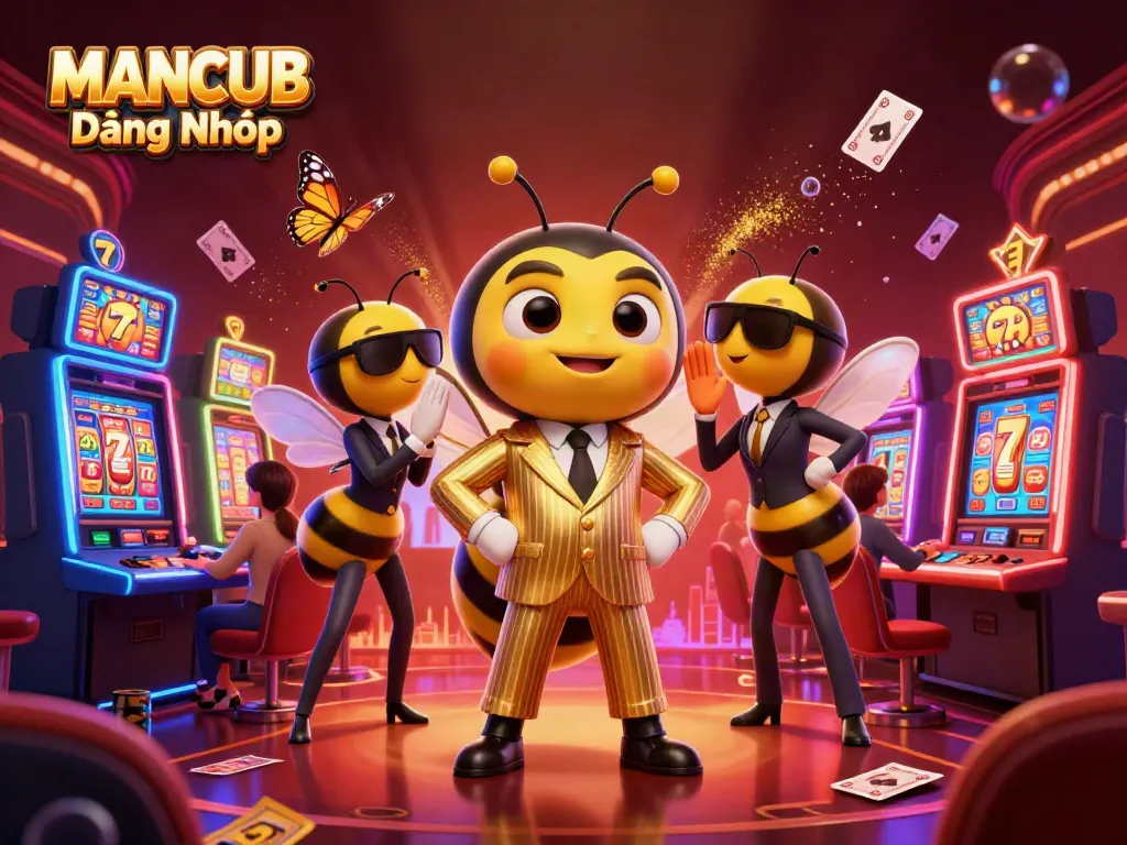 MANCUB Đăng Nhập showcases an animated casino scene with winning moments and vibrant gaming atmosphere.