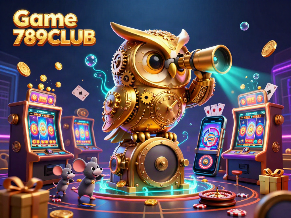 Experience the excitement of Game 789CLUB with a lively casino scene featuring golden coins, spinning reels, and fun mouse patrons.