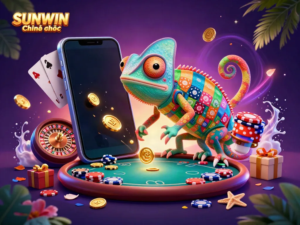 SUNWIN Chính thức interactive casino scene showcasing vibrant games and a colorful chameleon character.