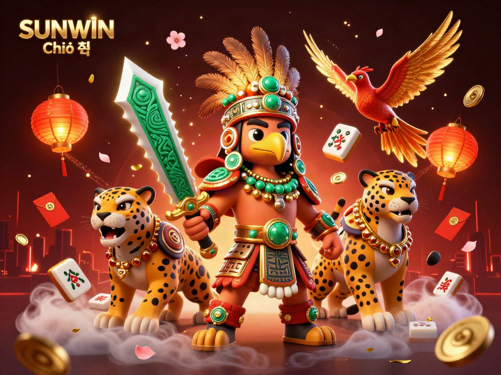 Engaging scene showcasing SUNWIN Chính thức with Aztec warriors and gaming elements around them.