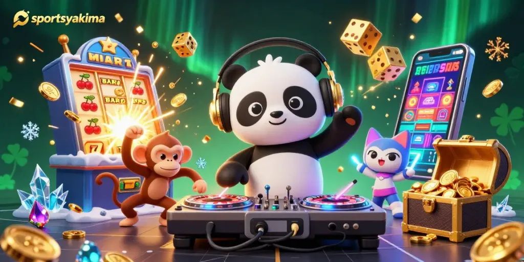 Spin to win at sportsyakima with a lively casino party featuring vibrant characters and dynamic gaming elements.