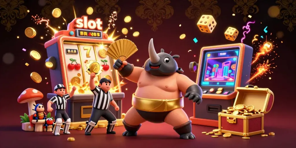 Experience the thrill of slot gameplay with a cartoon beetle champion amidst a jackpot explosion of coins.