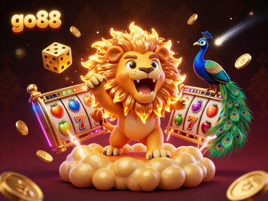 Experience thrilling gaming action at go88 with a roaring sun lion and dazzling slot reels in a dynamic casino atmosphere.