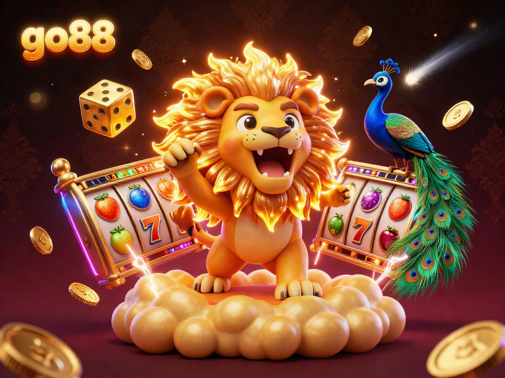Experience thrilling gaming action at go88 with a roaring sun lion and dazzling slot reels in a dynamic casino atmosphere.