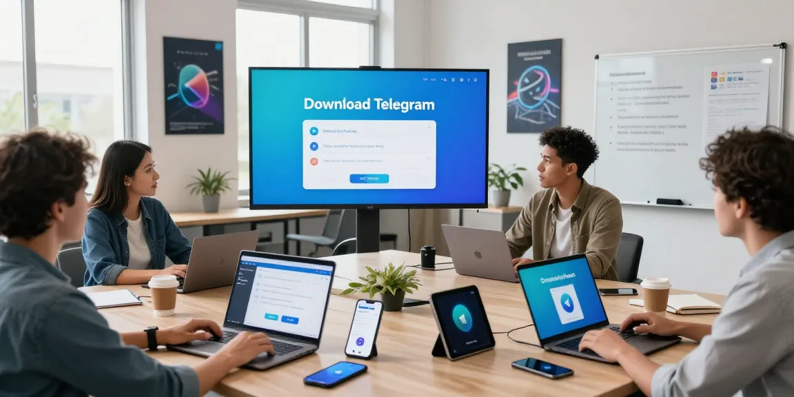 Download Telegram installation steps on multiple devices in a modern workspace with a vibrant team atmosphere.
