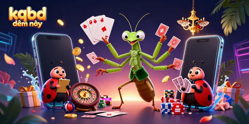 Engage with exciting kqbd đêm nay betting action featuring a vibrant casino scene with colorful slot games and animated characters.