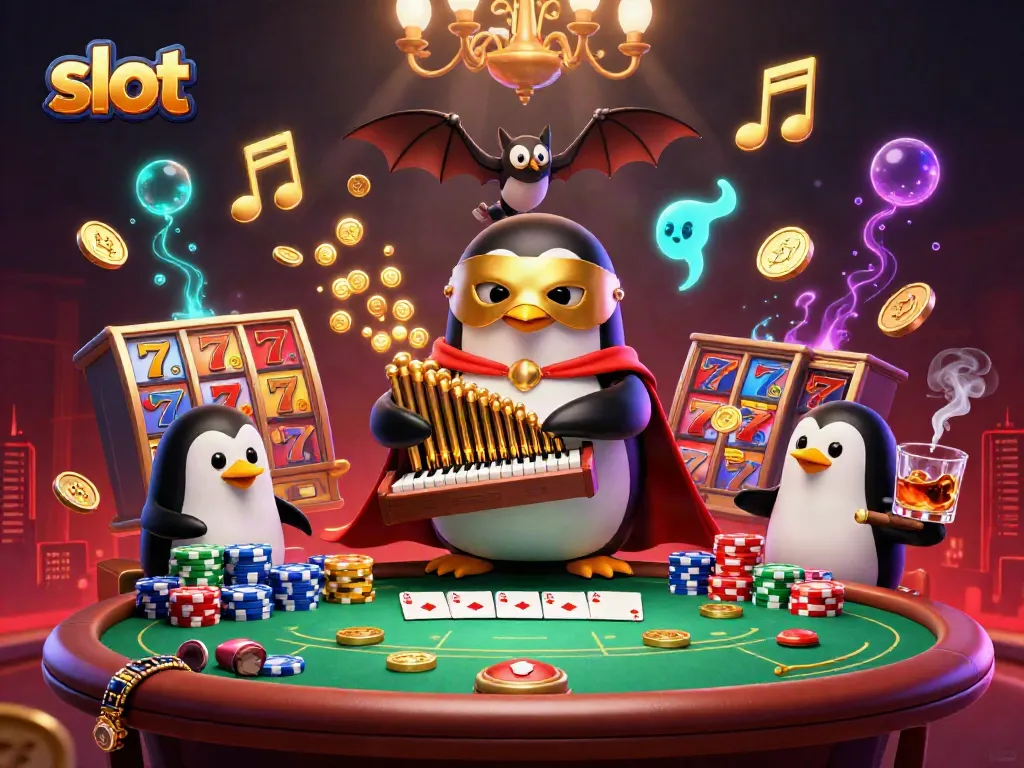Experience thrilling slot action with a penguin organist and golden coins in this vibrant illustration.