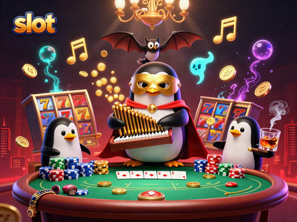 Experience thrilling slot action with a penguin organist and golden coins in this vibrant illustration.