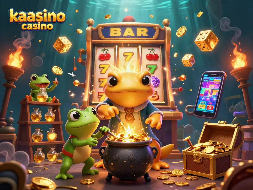 Kaasino casino features a golden salamander alchemist and frog apprentice in a dynamic, magical scene of winnings.