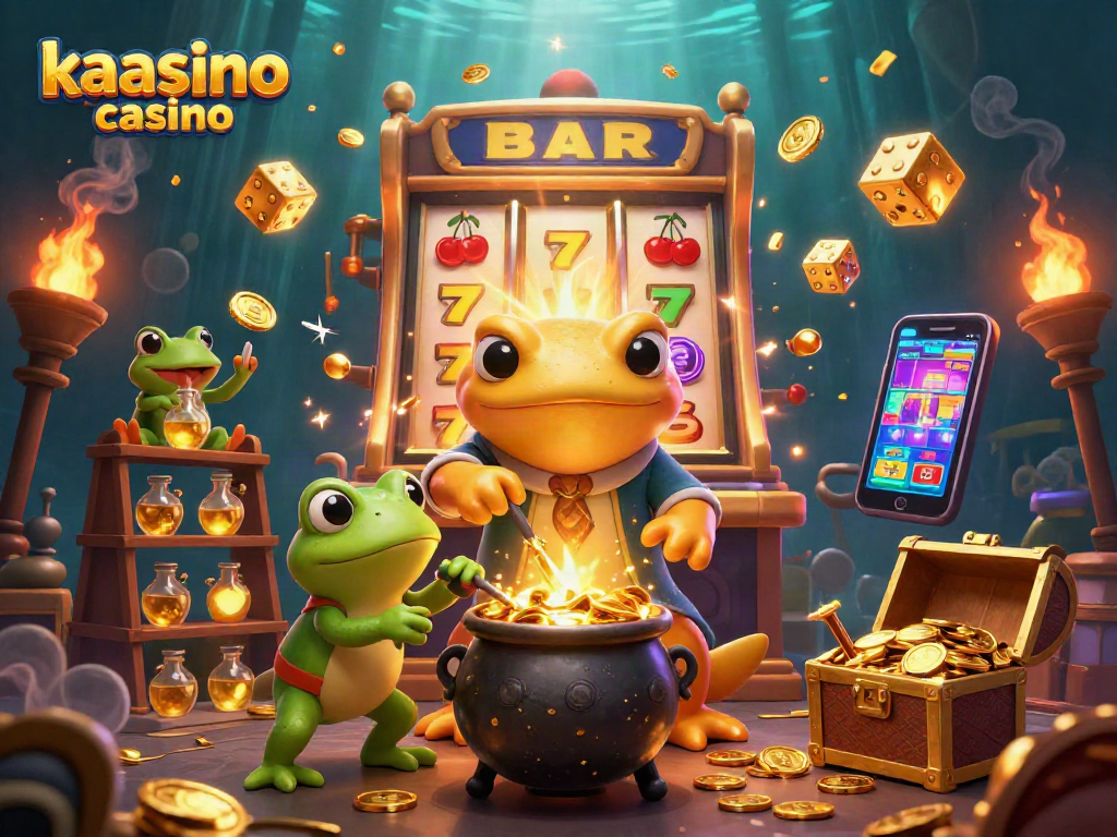 Kaasino casino features a golden salamander alchemist and frog apprentice in a dynamic, magical scene of winnings.