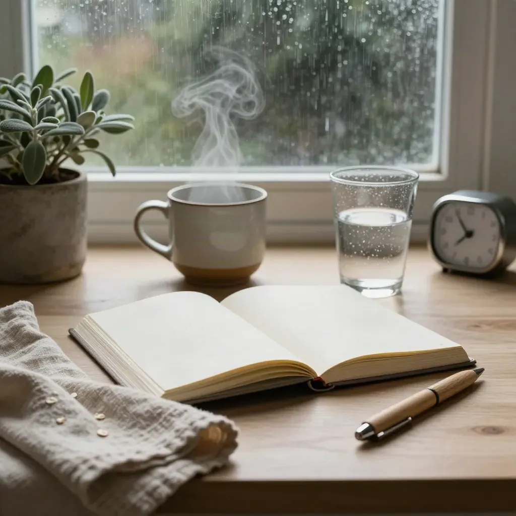Moody keukenopstelling met reflectiejournal, mok, glas water, plantje en timer bij regenlicht.