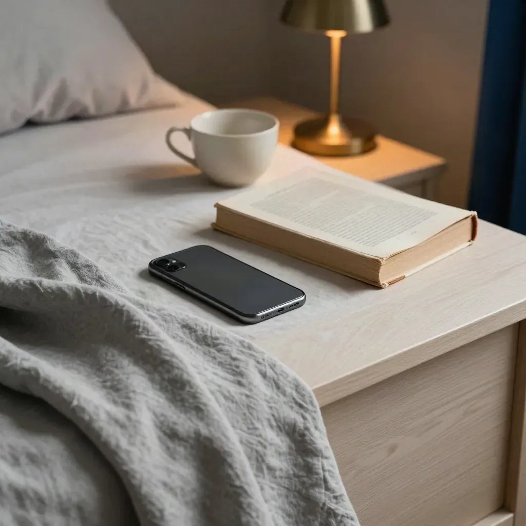 Bedhoek met gesloten telefoon, boek, deken, theekop en kleine lamp in rustig avondlicht.