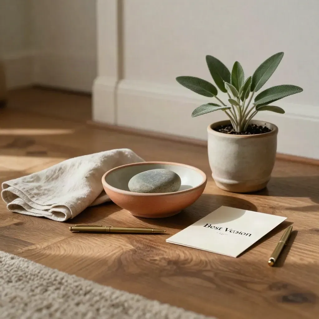 Stille habit-opstelling op de vloer met schaal, plant, doek, kaart en pen in warm licht.