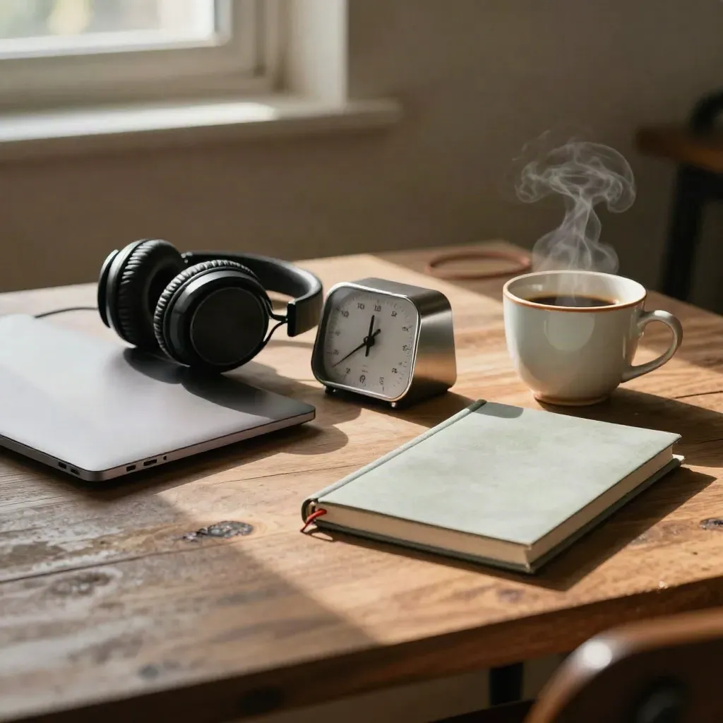 Stille werkplek met gesloten laptop, timer, notitieboek, koffie en koptelefoon op houten tafel.