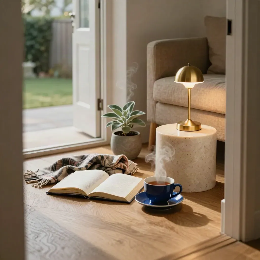 Rustige woonkamerhoek met journal, plaid, thee, plant en leeslamp in warm avondlicht.