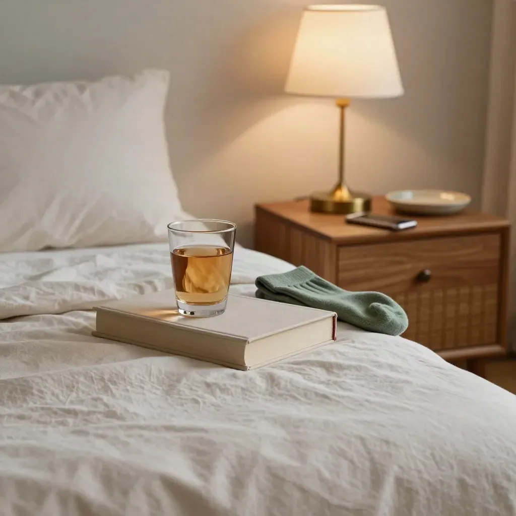 Avondritme naast het bed met boek, waterglas, sokken, lamp en telefoon.