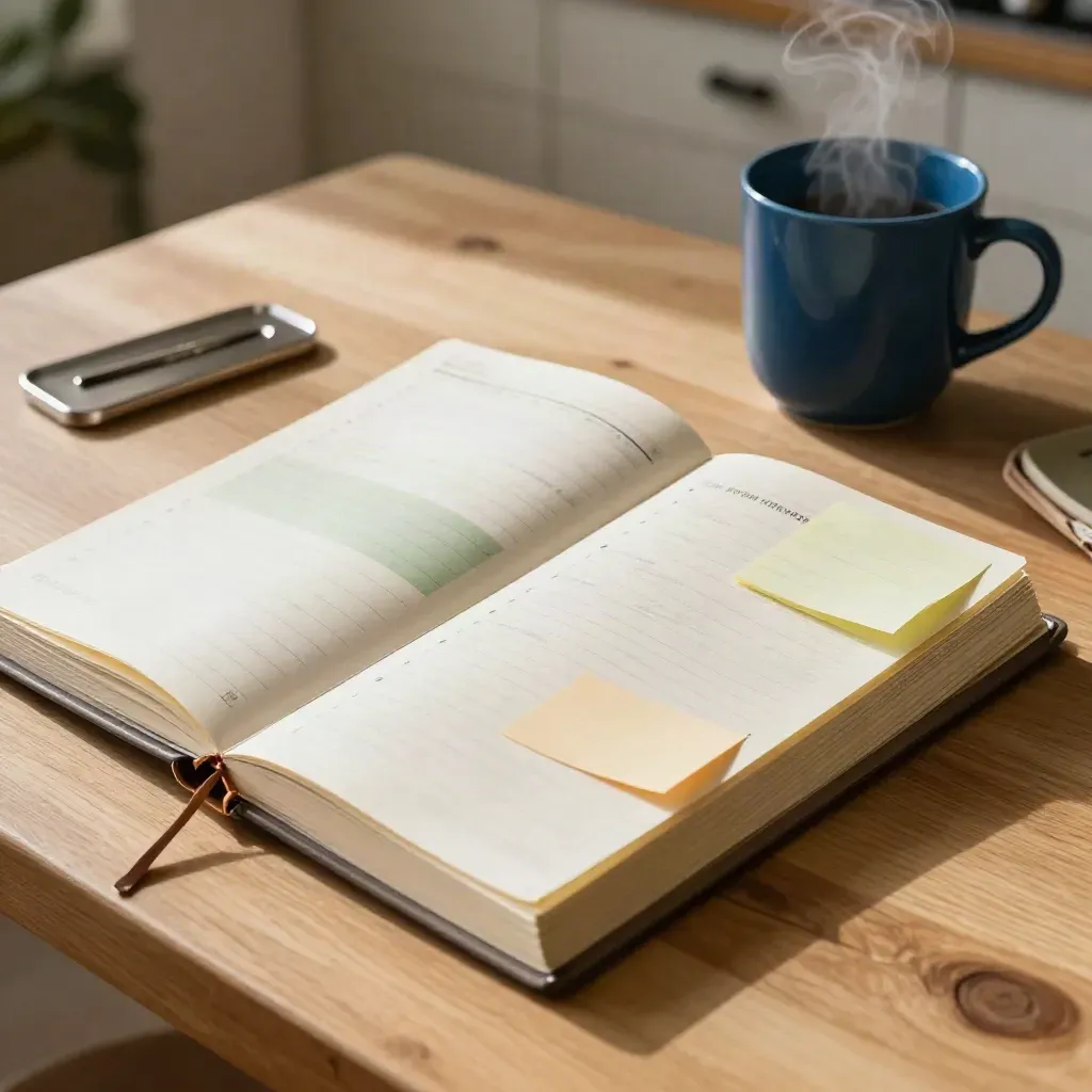 Schuine bovenaanzicht van een planner op keukentafel met mok, sleutels, post-its en stoom.