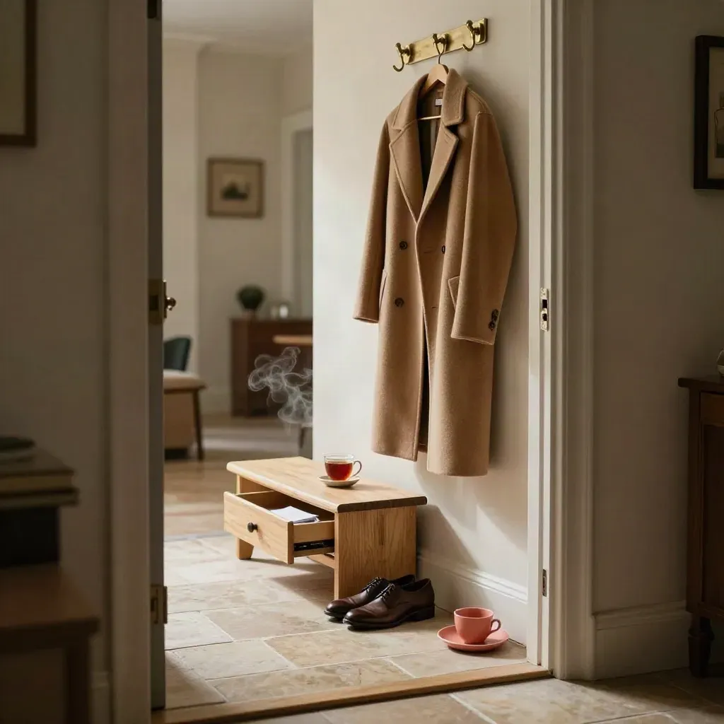 Stille entree met jas, schoenen, lade met briefjes en dampende thee in warm daglicht.