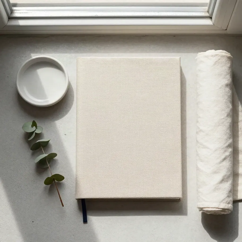 Linnen journal met keramische schaal, eucalyptus en opgerolde doek op lichte betonvloer.