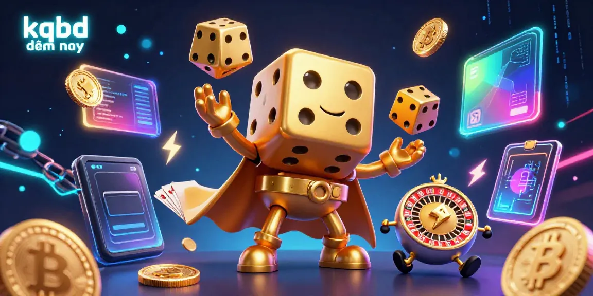 Experience the excitement with kqbd đêm nay as 3D golden dice gleam amidst neon crypto coins and dynamic game elements.