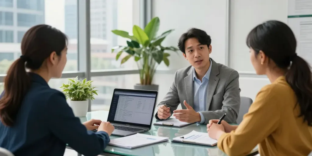 Financial consultation scene at edmonton.paydayloans-on.ca, showcasing a diverse couple discussing loan options with an advisor.