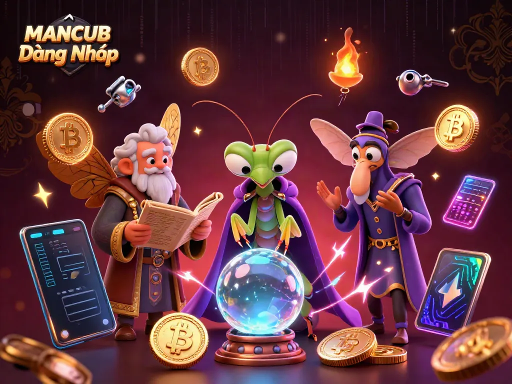 MANCUB Đăng Nhập interactive 3D casino scene with colorful characters and glowing crypto elements.
