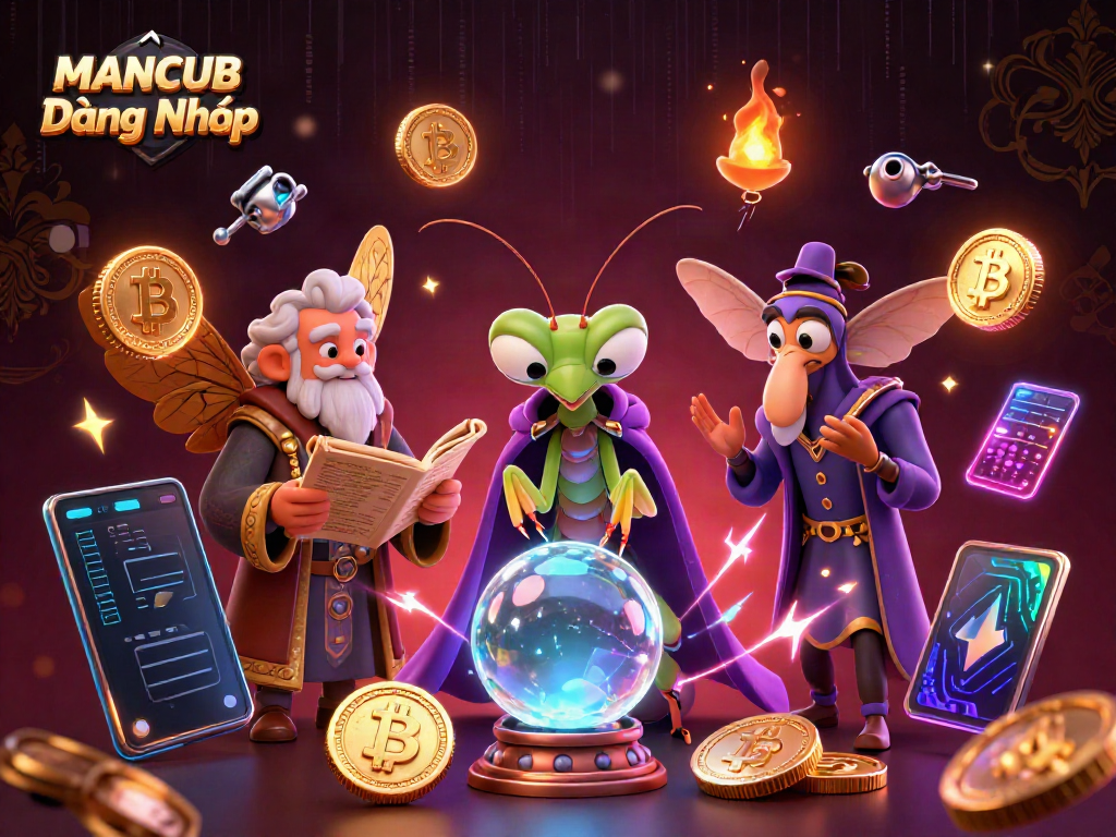 MANCUB Đăng Nhập interactive 3D casino scene with colorful characters and glowing crypto elements.
