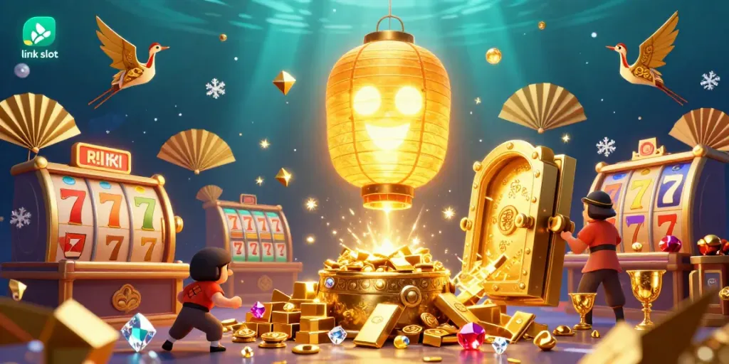 Engage with exciting link slot gameplay featuring vibrant characters and treasure elements in an immersive casino setting.