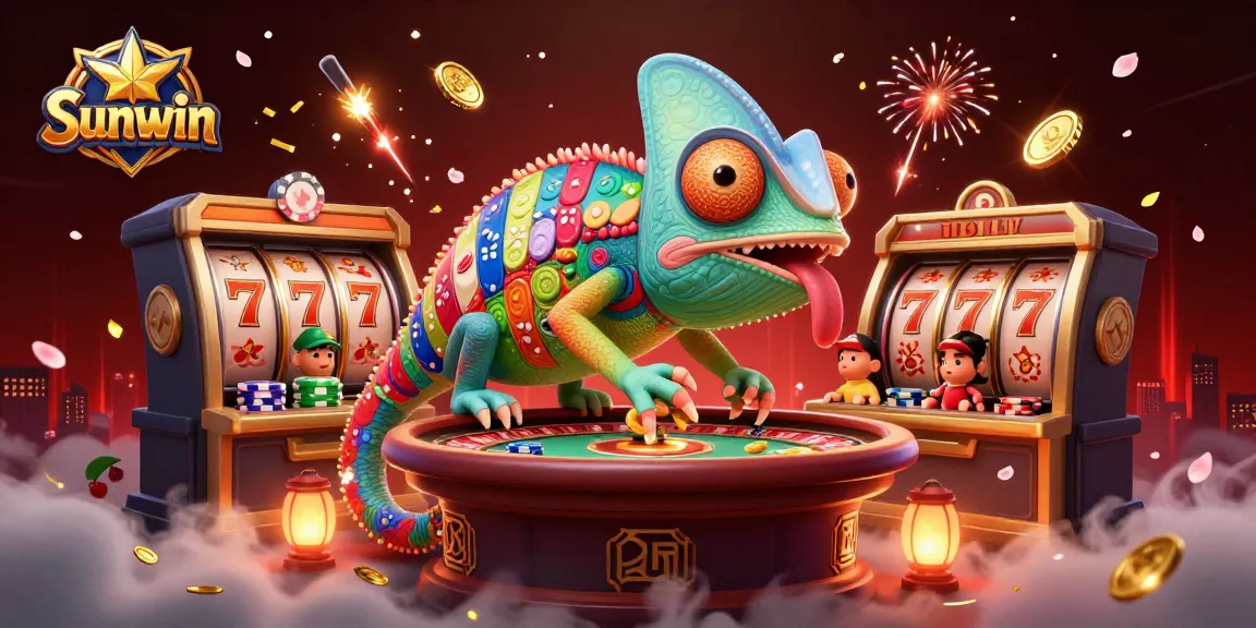 Win big with Sunwin in this vibrant 3D illustration showcasing a playful chameleon casino owner amidst dynamic gaming elements.