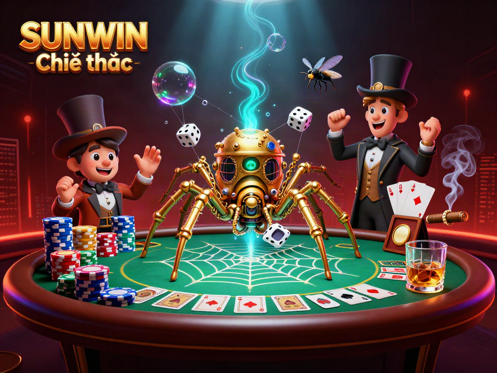 Experience the SUNWIN Chính thức thrill as a steampunk spider captures dice in a web of poker chips and cards.