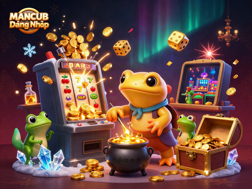 MANCUB Đăng Nhập showcases a vibrant casino scene with a golden salamander alchemist and dynamic game elements.