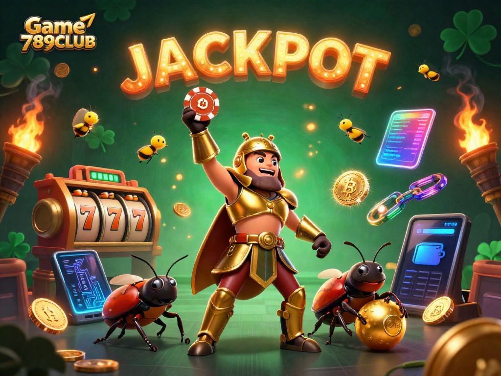 Experience excitement with Game 789CLUB as the victorious beetles celebrate a jackpot win in a vivid casino world.