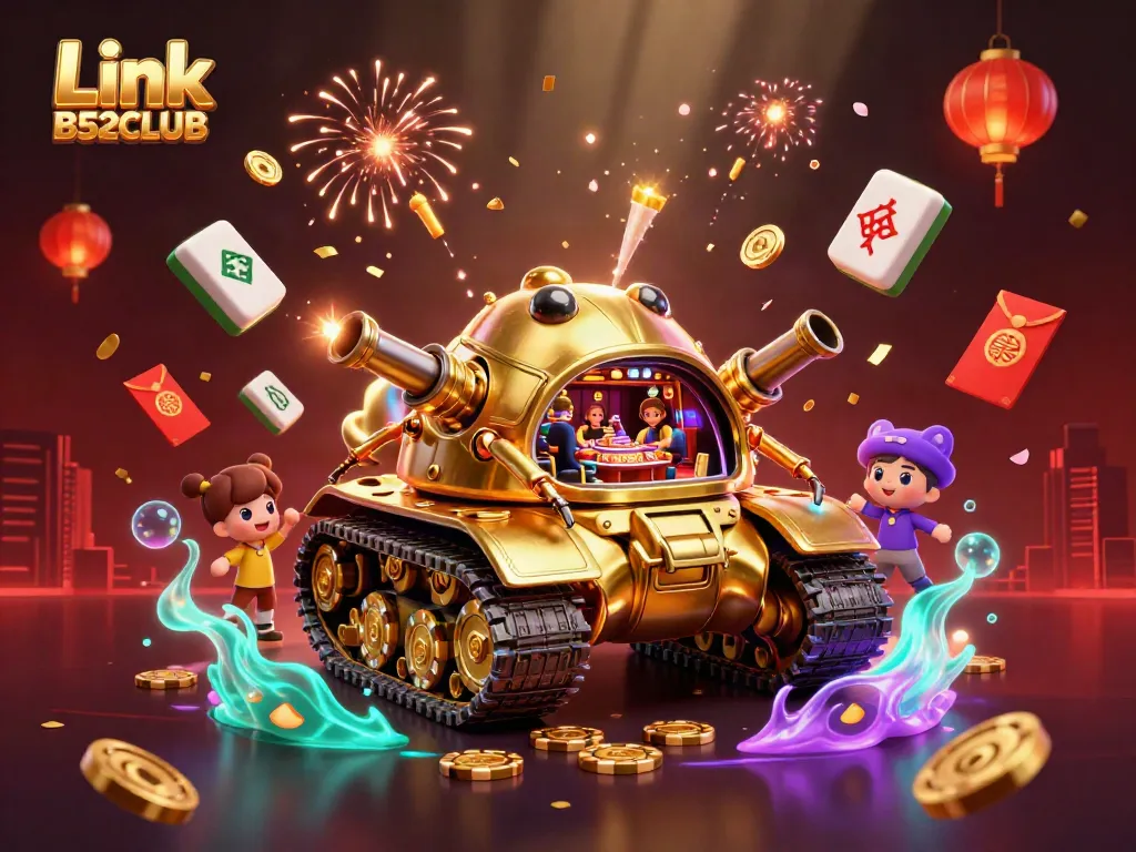 Experience the excitement of Link B52CLUB with a vibrant 3D casino illustration featuring unique characters.