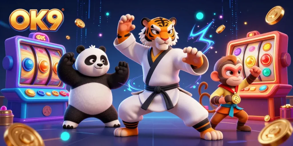 Experience thrilling wins at OK9 with vibrant casino game elements and characters in action.