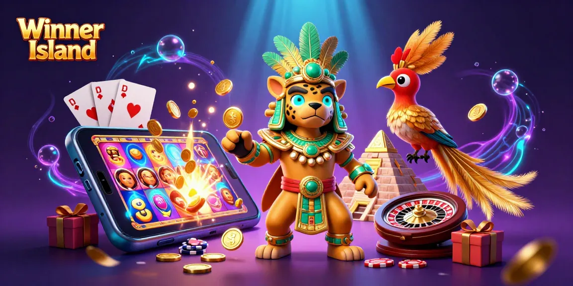 Experience the excitement at Winner Island Casino with a vibrant illustration of a Mayan jaguar priest and games.