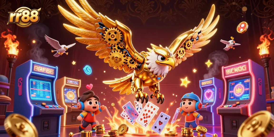 Experience the thrill of winning at rr88 with a vibrant 3D illustration of a golden eagle soaring over holographic cards.