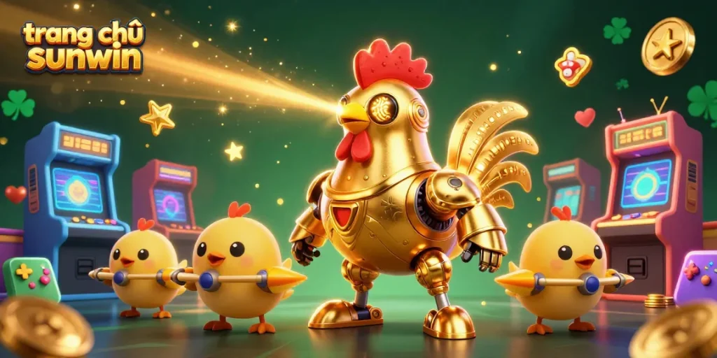 Experience the excitement at trang chủ sunwin with golden rooster robots and arcade games casting golden patterns.