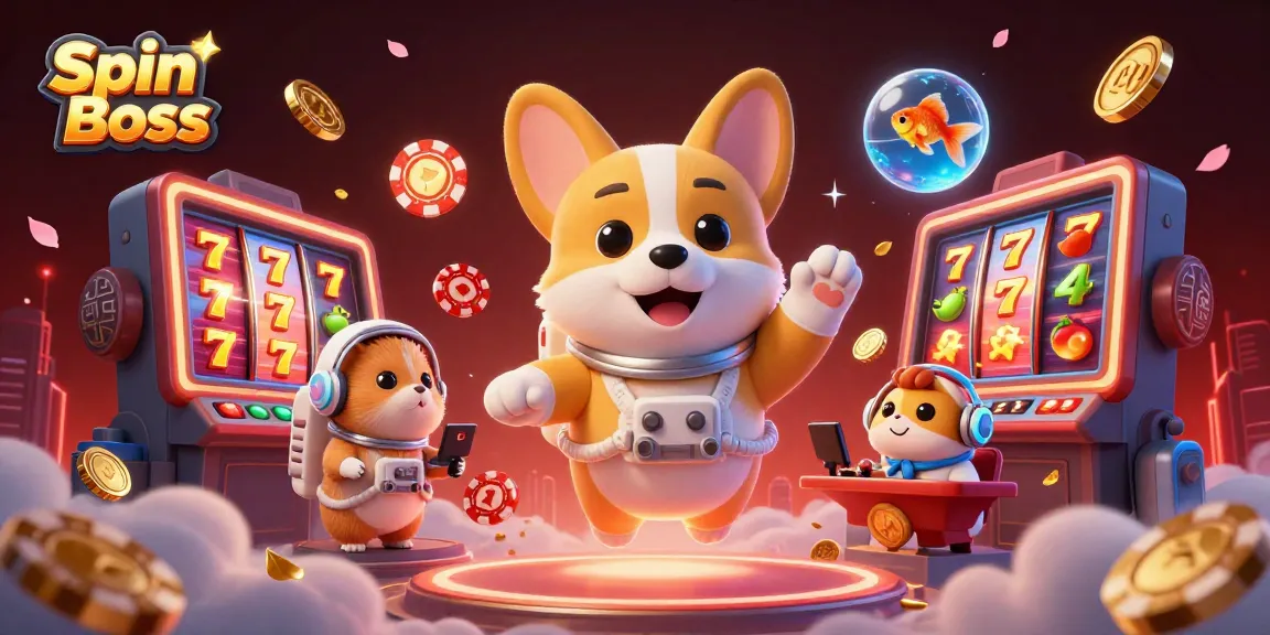 Spin Boss promotes excitement with colorful slot reels amidst a fun space casino adventure.
