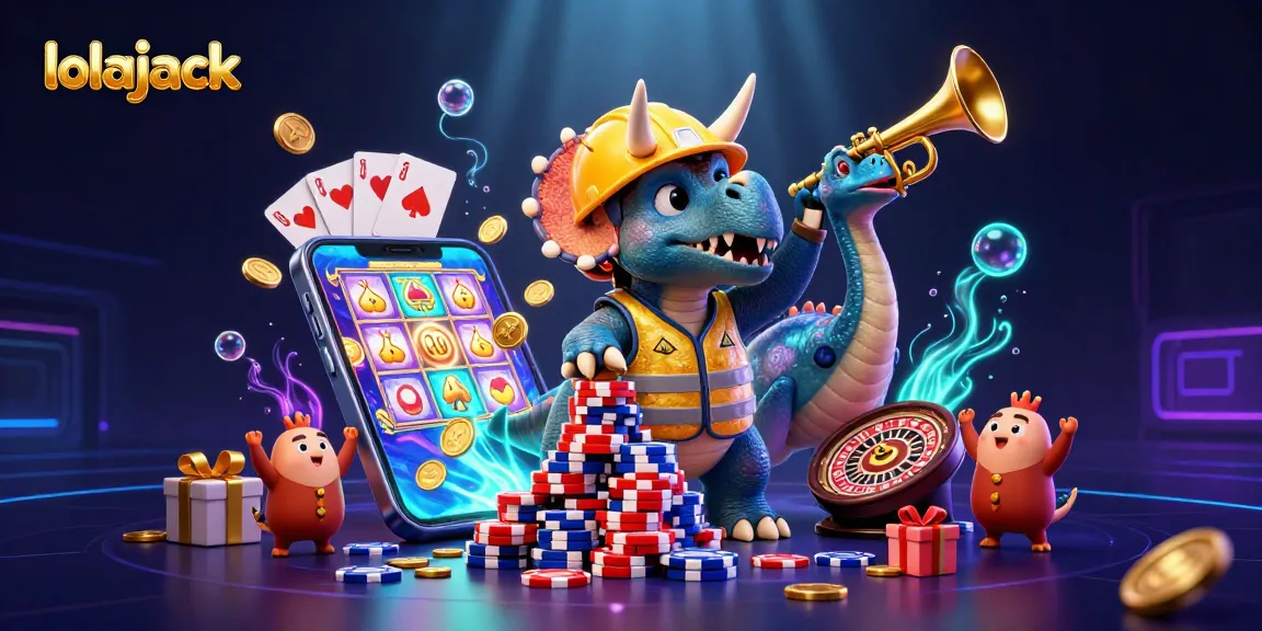 Experience epic fun at lolajack casino with a colorful illustration of lively characters playing games.
