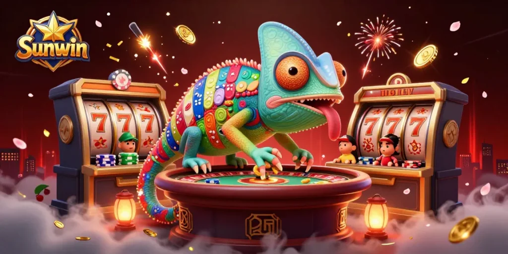 Win big with Sunwin in this vibrant 3D illustration showcasing a playful chameleon casino owner amidst dynamic gaming elements.