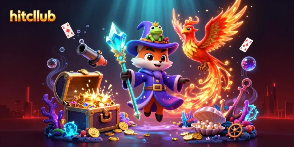 Join the adventure at hitcllub's casino with a magical fox and phoenix amidst gold and gems.
